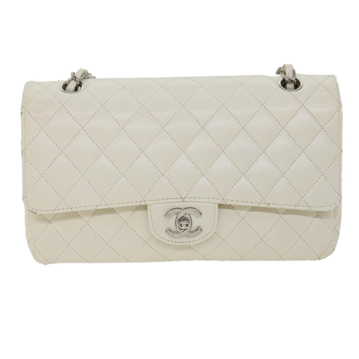 Top Quality Chanel Matelasse Double New Chain Shoulder Bag Caviar Skin White CC Auth knn085