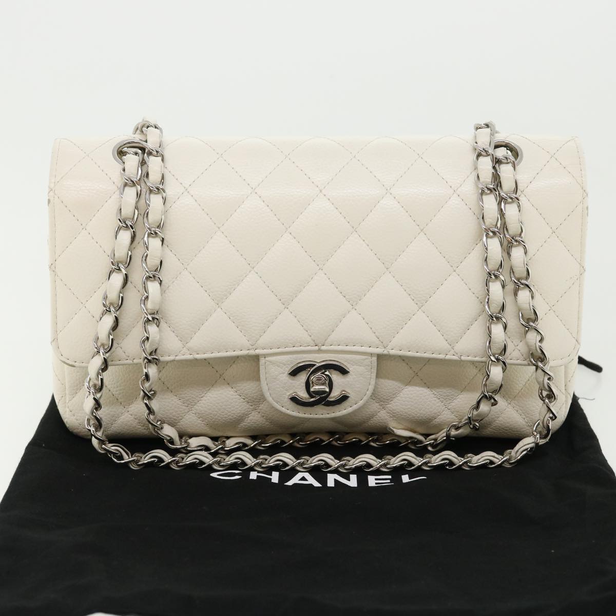 Top Quality Chanel Matelasse Double New Chain Shoulder Bag Caviar Skin White CC Auth knn085