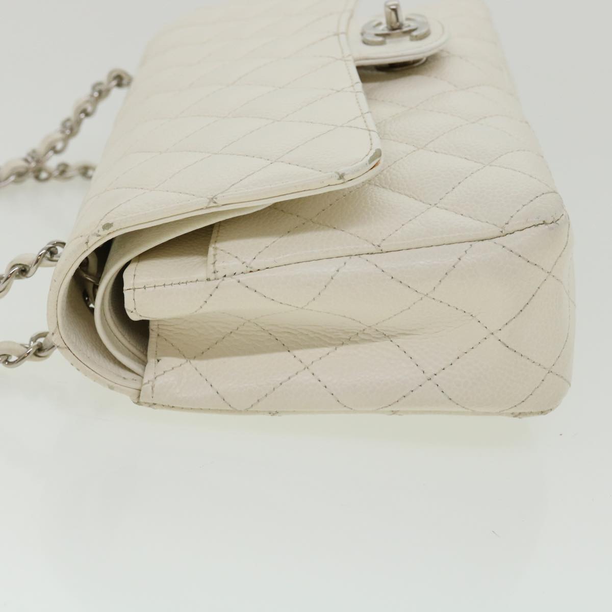 Top Quality Chanel Matelasse Double New Chain Shoulder Bag Caviar Skin White CC Auth knn085