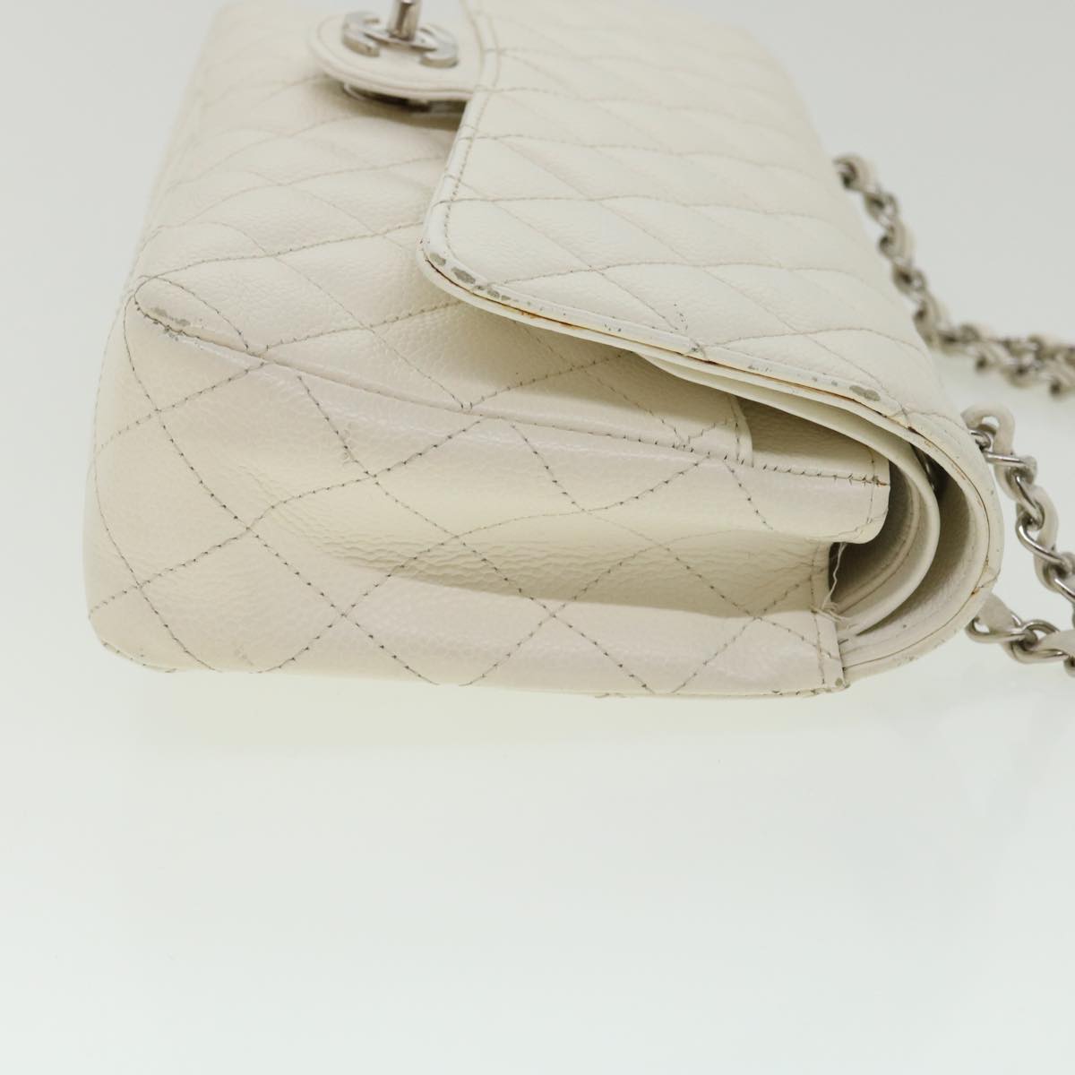 Top Quality Chanel Matelasse Double New Chain Shoulder Bag Caviar Skin White CC Auth knn085
