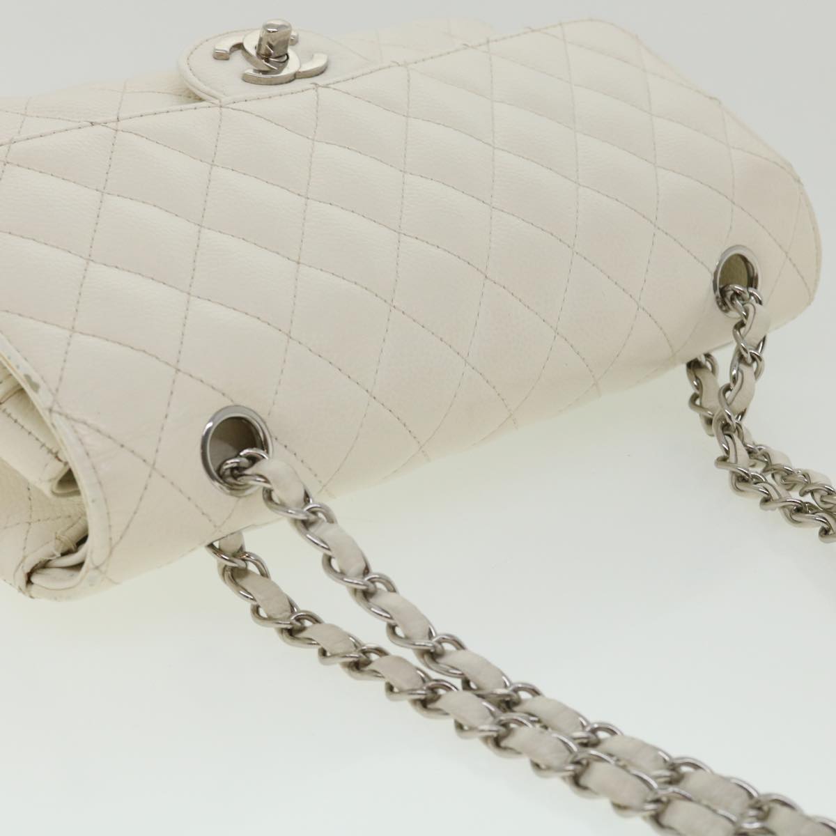 Top Quality Chanel Matelasse Double New Chain Shoulder Bag Caviar Skin White CC Auth knn085