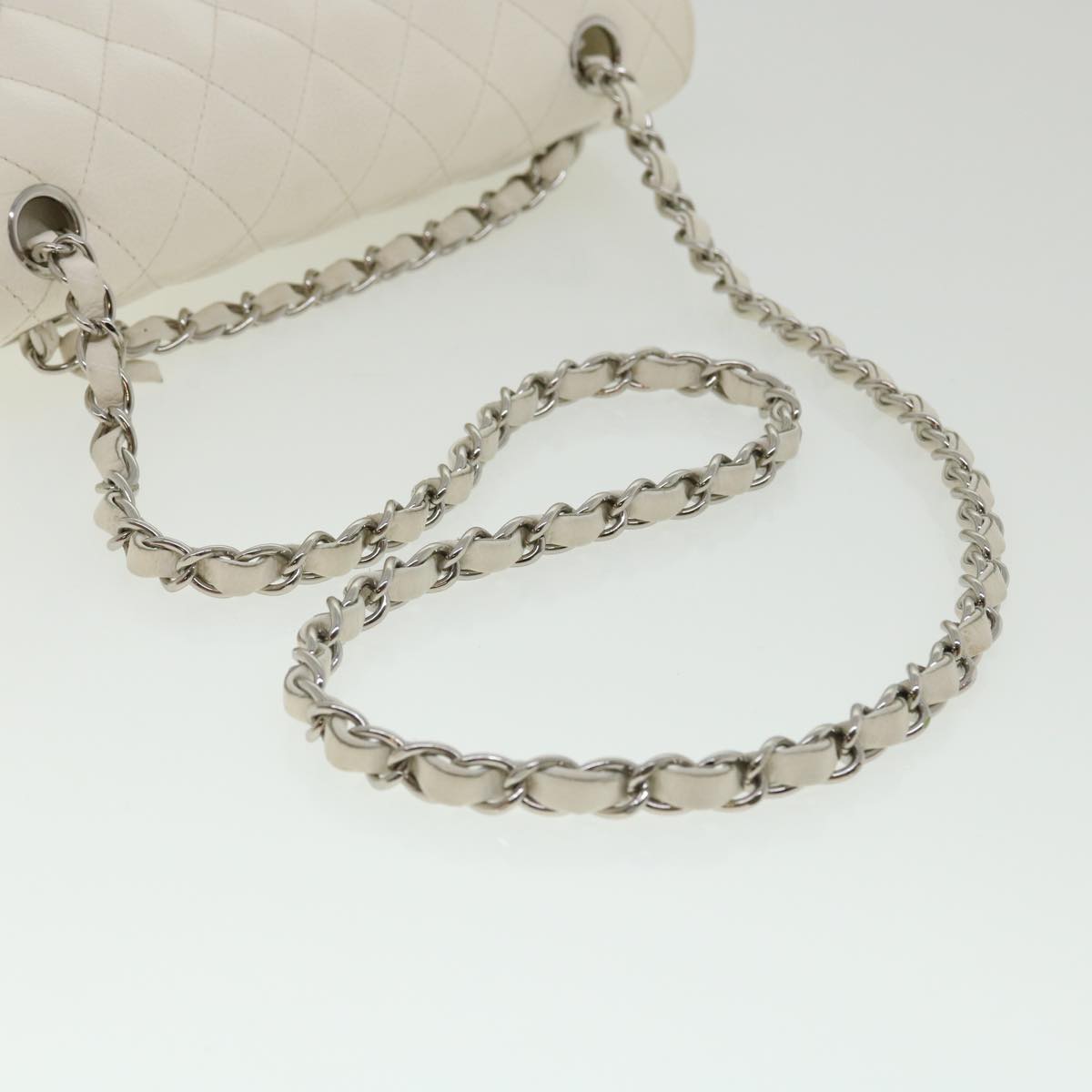 Top Quality Chanel Matelasse Double New Chain Shoulder Bag Caviar Skin White CC Auth knn085
