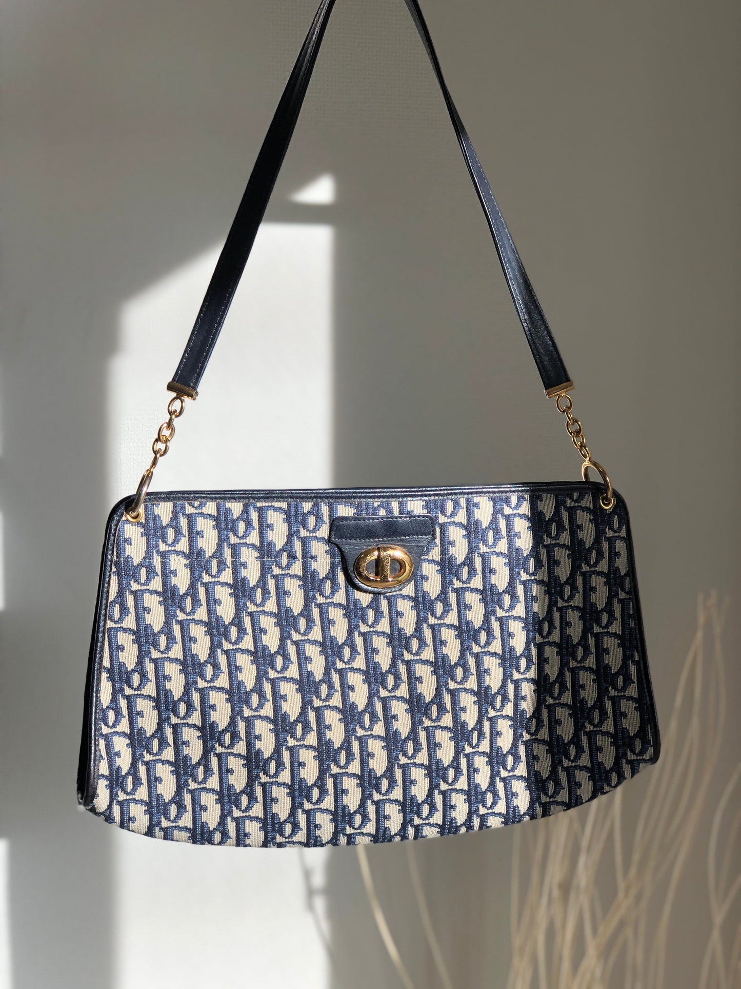 Christian Dior  Trotter CD Logo Jacquard Leather Shoulder bag Navy Vintage 5f4tcg