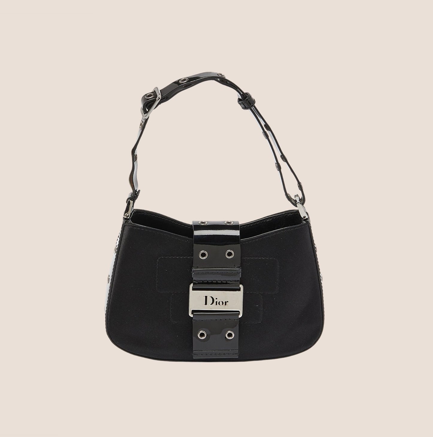 CHRISTIAN DIOR BLACK SATIN & PATENT LEATHER MINI STREET CHIC HOBO BAG