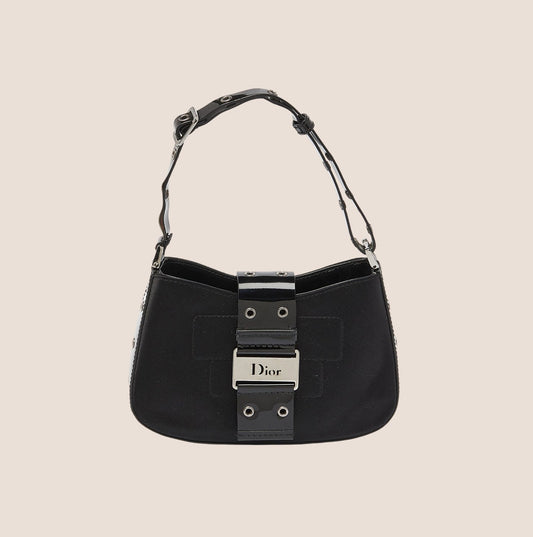 CHRISTIAN DIOR BLACK SATIN & PATENT LEATHER MINI STREET CHIC HOBO BAG