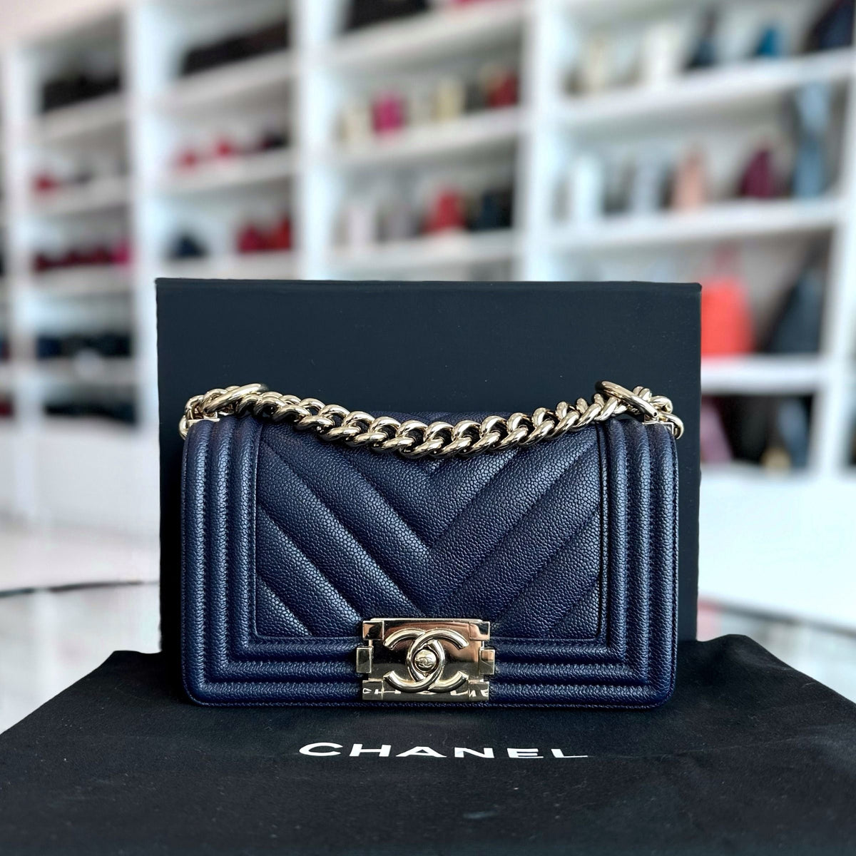 *Like New* Caviar Boy Small 20CM Chevron Grained Calfskin Leboy Dark Blue GHW No 24