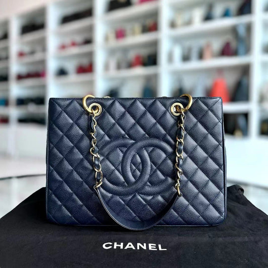 *Like New* Caviar GST Grand Shopping Tote Quilted Calfskin Dark Navy Blue Golden Hardware Series 19