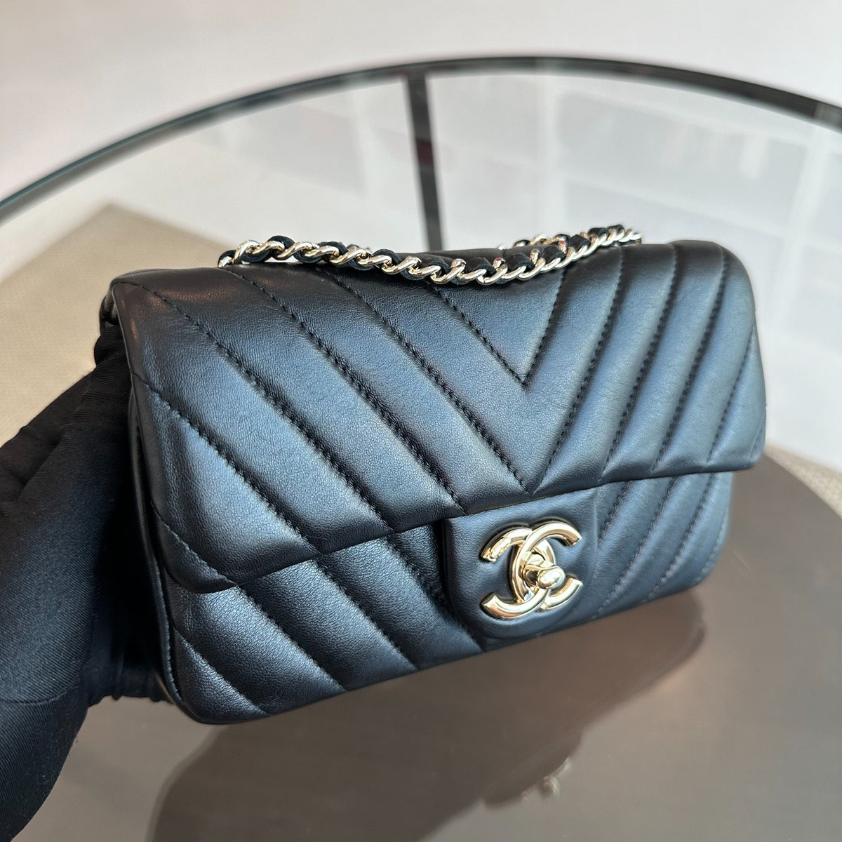 *Like New* Mini Rectangular 20CM Chevron Lambskin Black LGHW