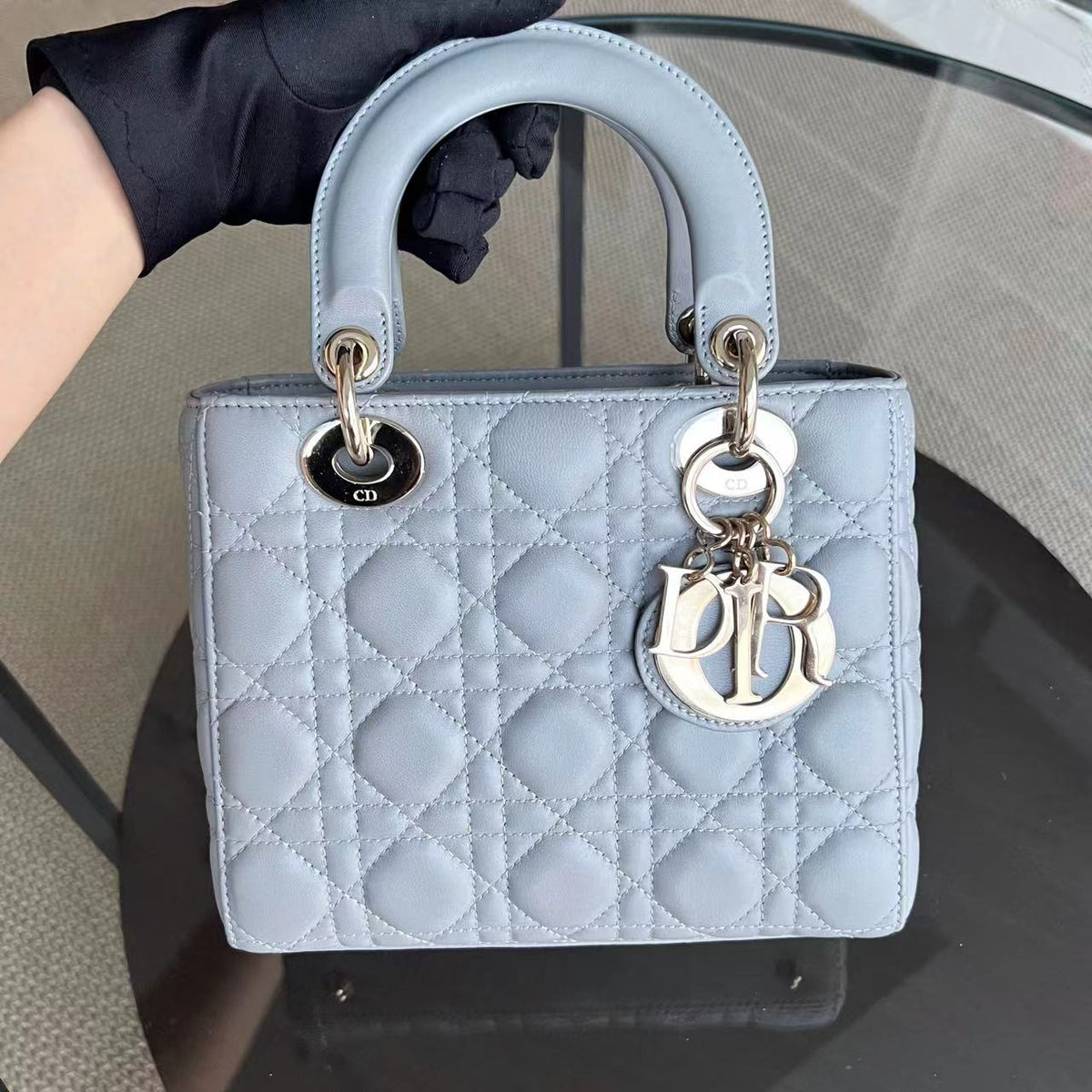 *Like New* Lady Small Cannage Lambskin Light Grey Gray Golden Hardware