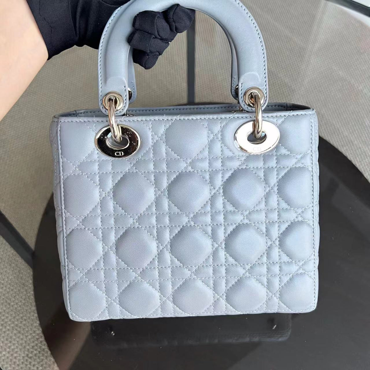 *Like New* Lady Small Cannage Lambskin Light Grey Gray Golden Hardware