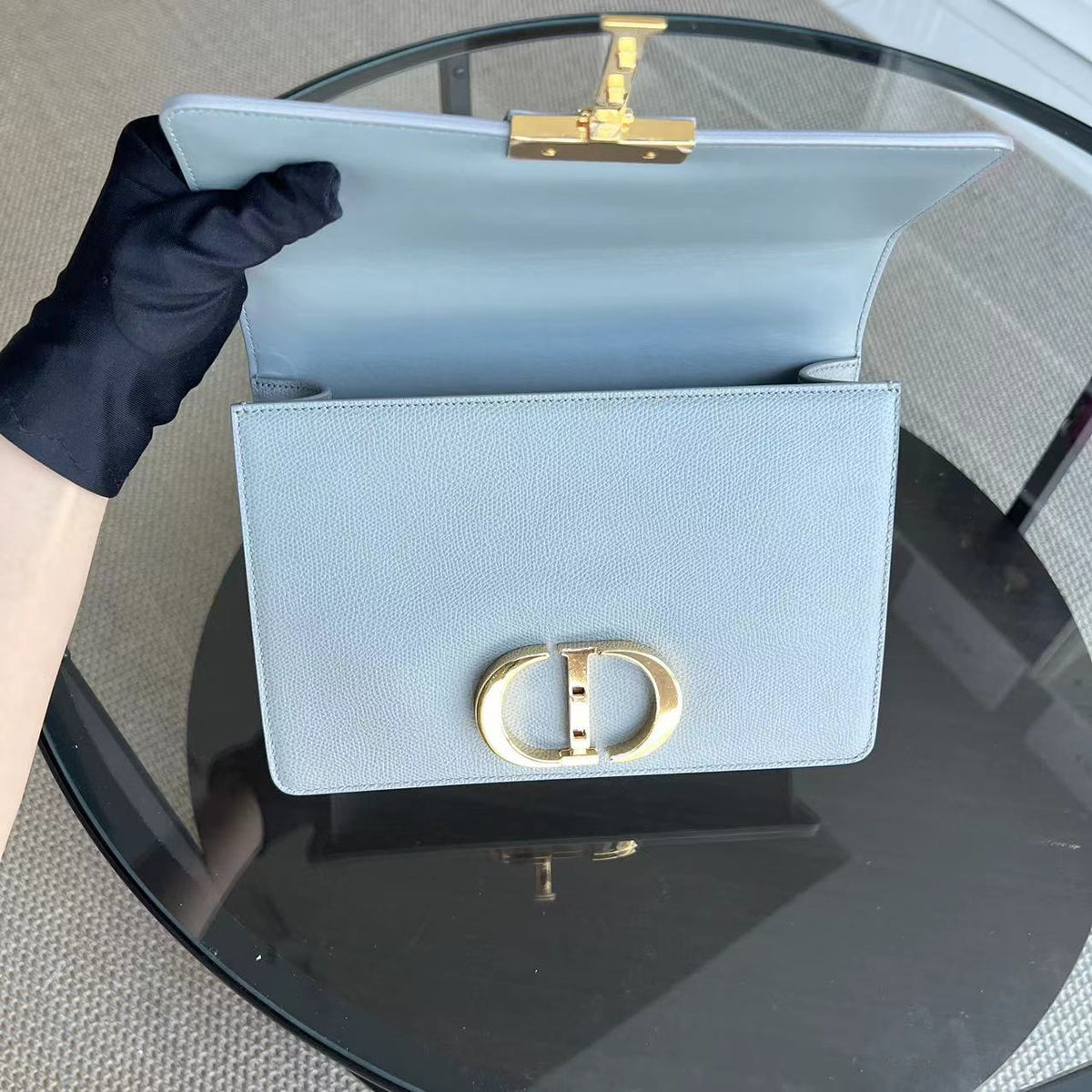 *Like New* Montaigne 30 Grained Calfskin Haze Blue Golden Hardware