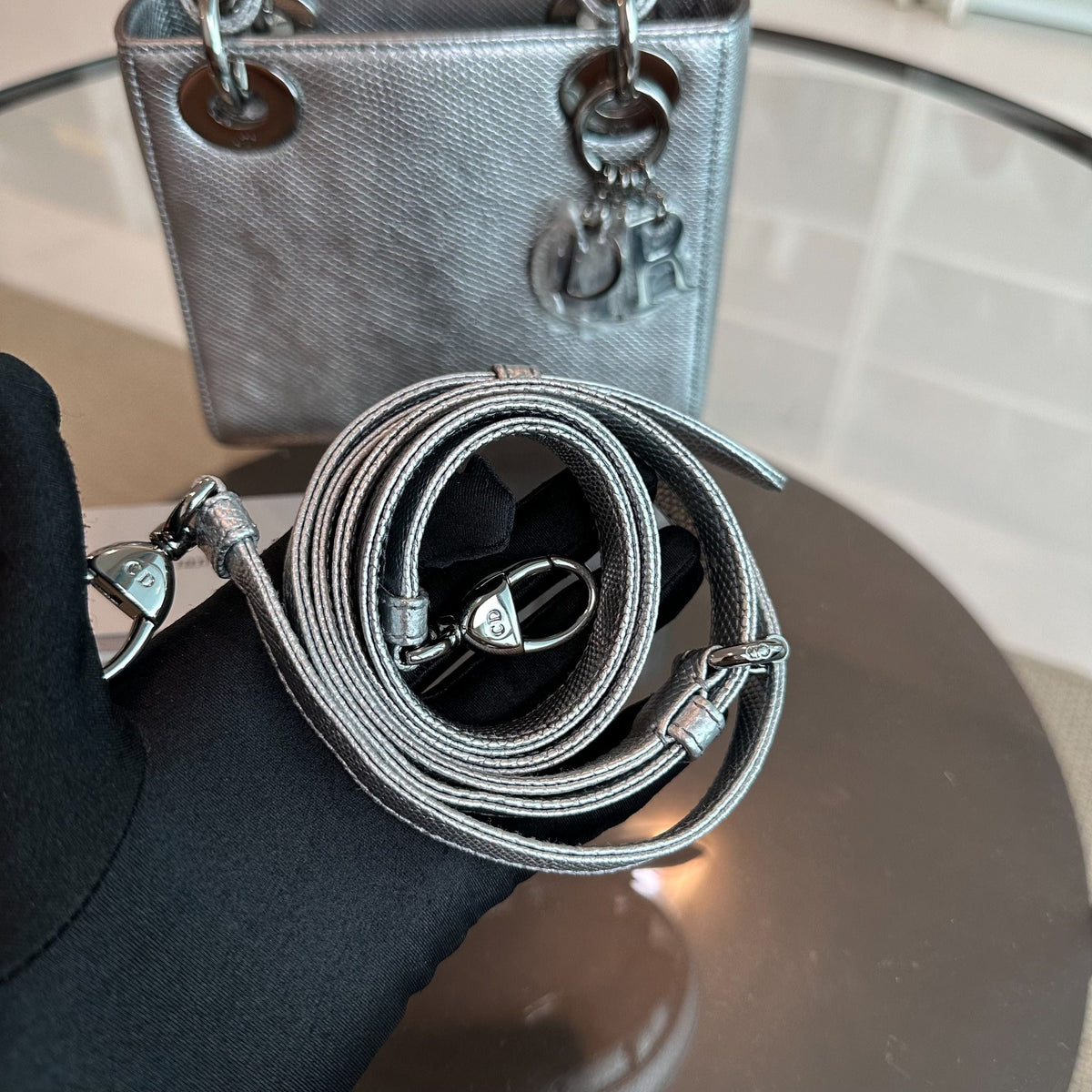 *Like New, Lizard* Lady Mini Lizard Silver Metallic Adjustable Strap SHW