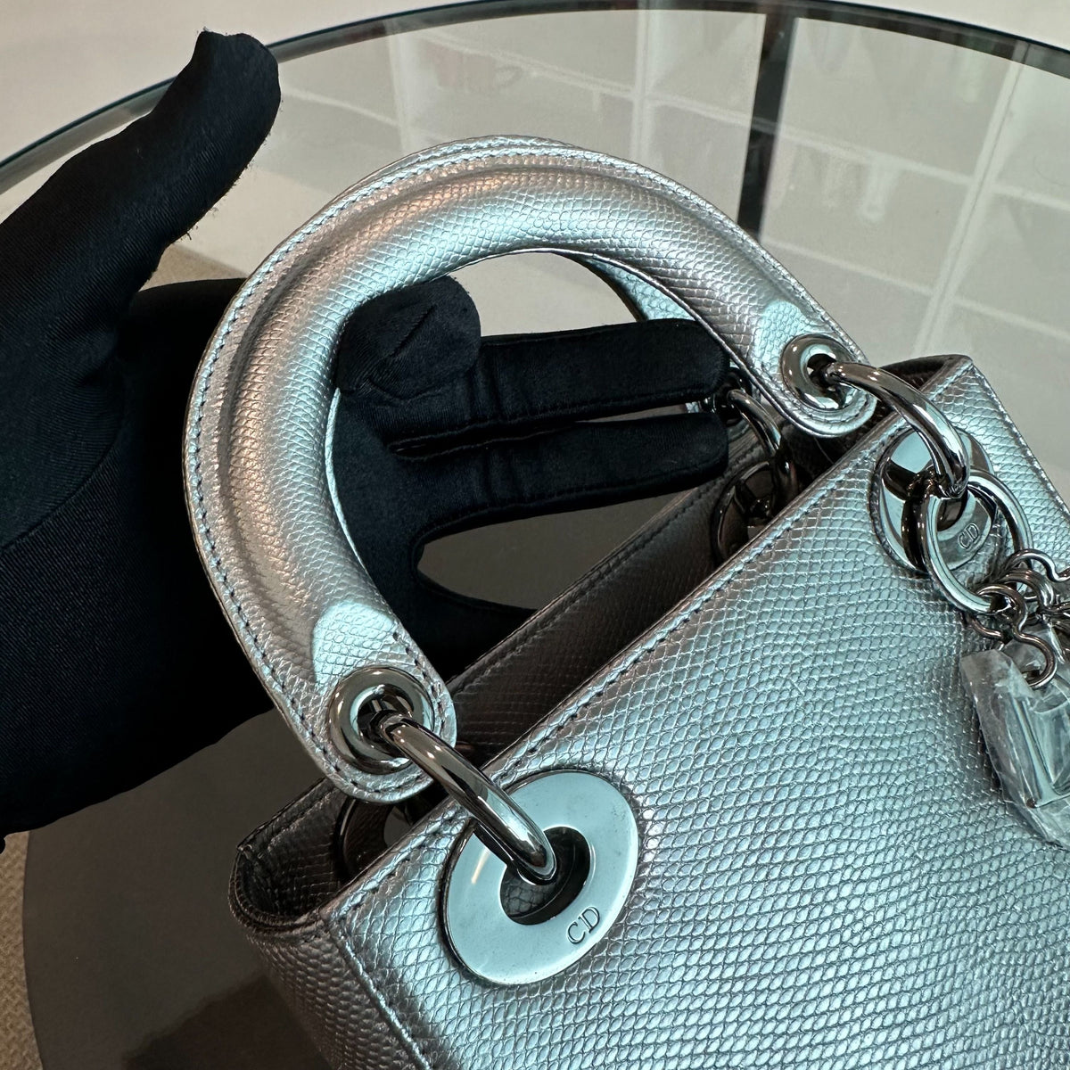 *Like New, Lizard* Lady Mini Lizard Silver Metallic Adjustable Strap SHW