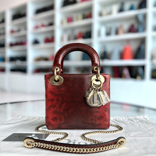 *Lizard, Chain Strap* Lady Mini Exotic Lizard Leather Dark Red GHW