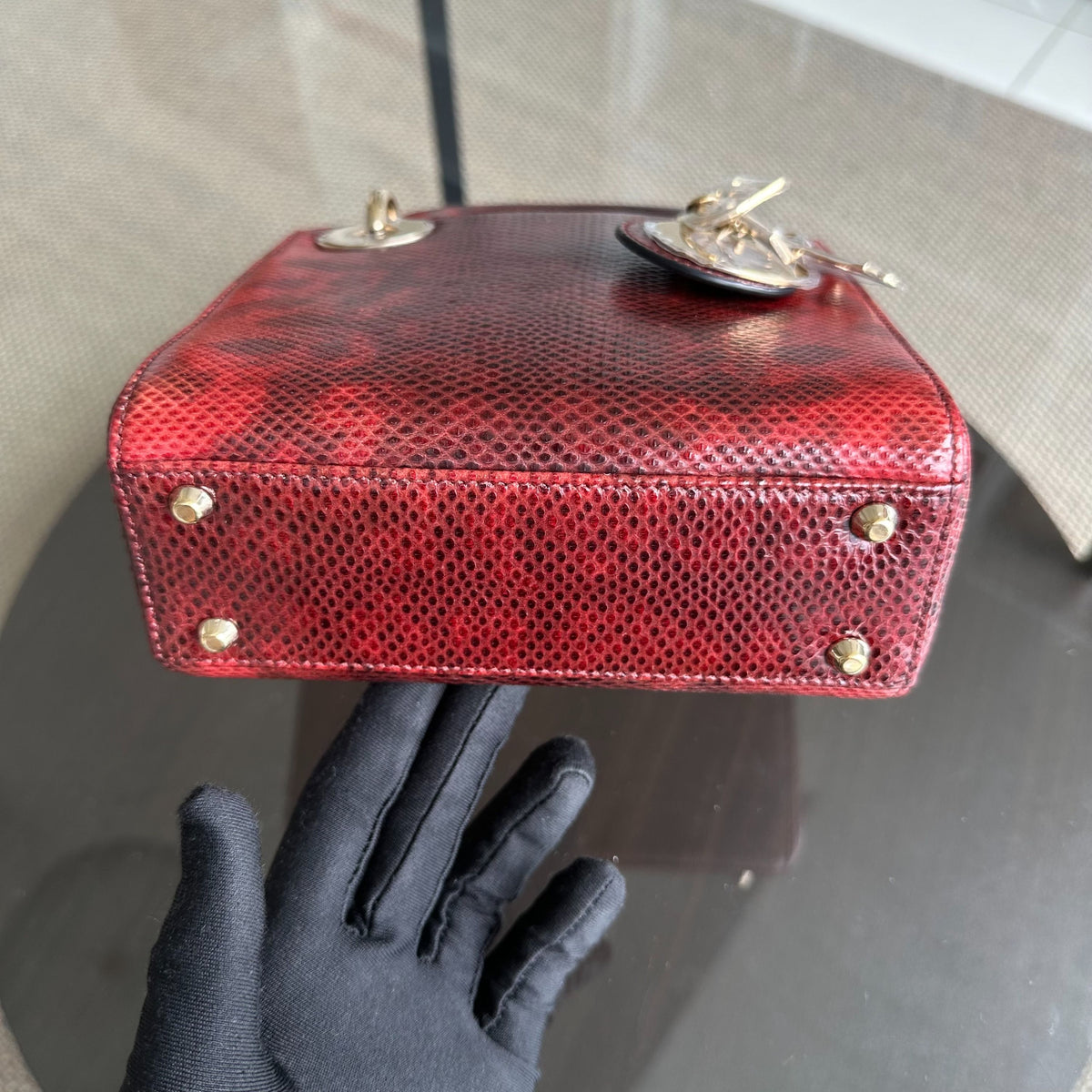 *Lizard, Chain Strap* Lady Mini Exotic Lizard Leather Dark Red GHW