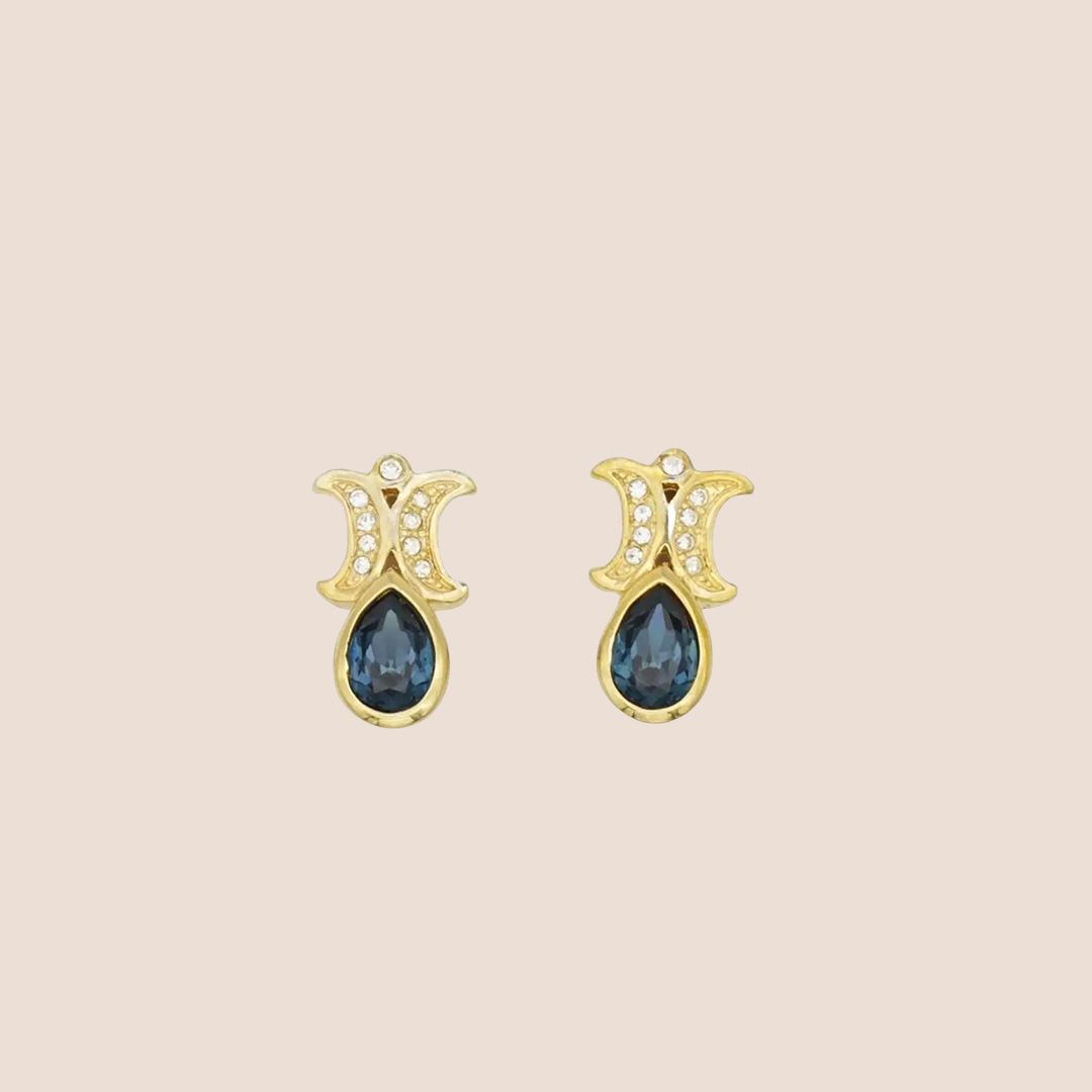 CHRISTIAN DIOR 1980s SAPPFIRE DOUBLE MOON CRYSTAL DROP EARRINGS