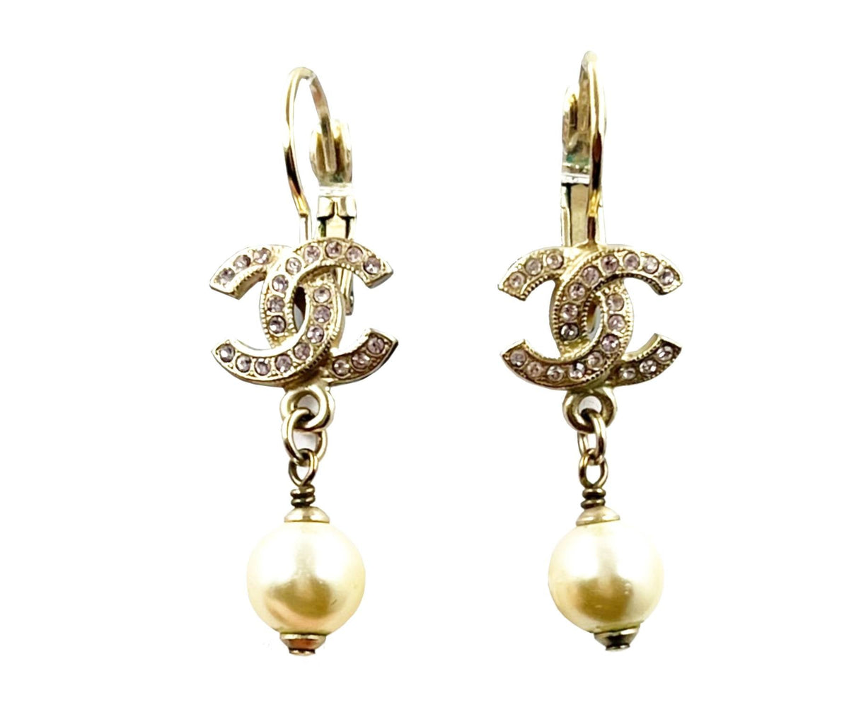 Top Quality Chanel Gold CC Pink Crystal Pearl Dangle Lever Back Earrings