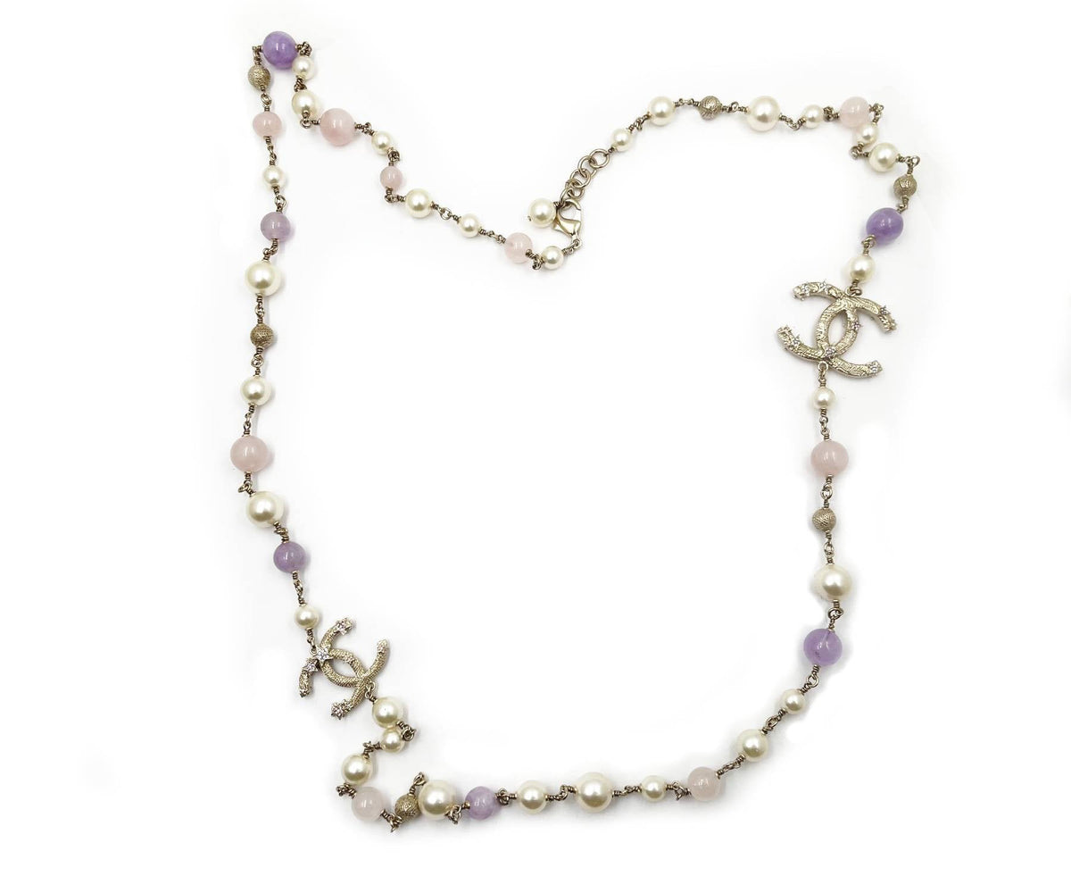 Top Quality Chanel Light Gold CC Starfish Lavender Stone Pearl Necklace