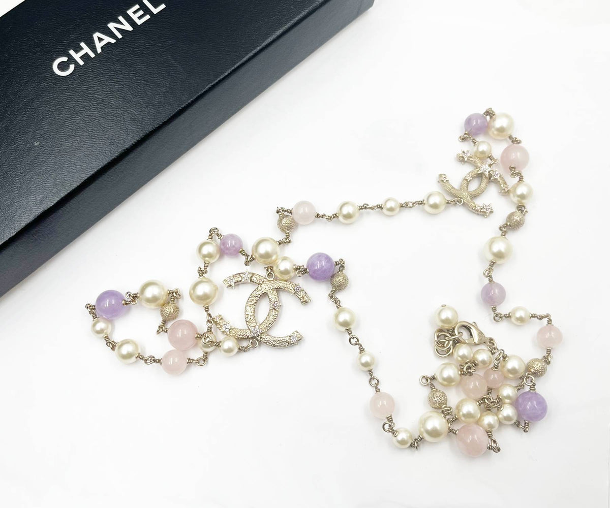 Top Quality Chanel Light Gold CC Starfish Lavender Stone Pearl Necklace
