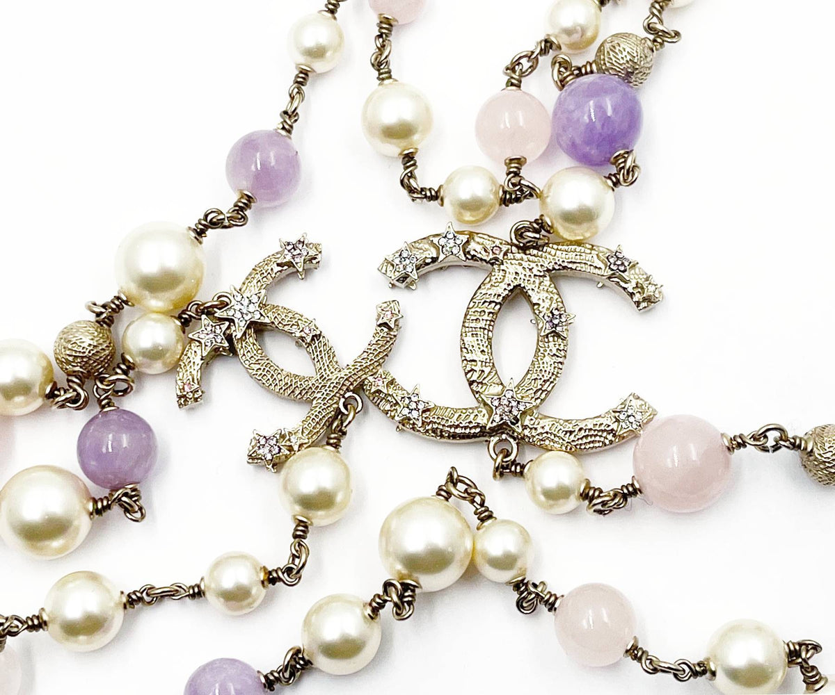 Top Quality Chanel Light Gold CC Starfish Lavender Stone Pearl Necklace