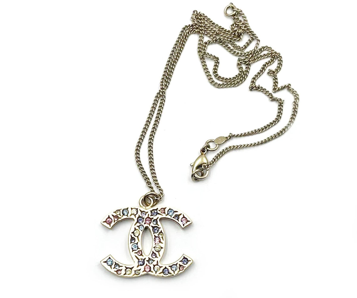 Top Quality Chanel Light Gold CC Pastel Crystal Medium Pendant Necklace