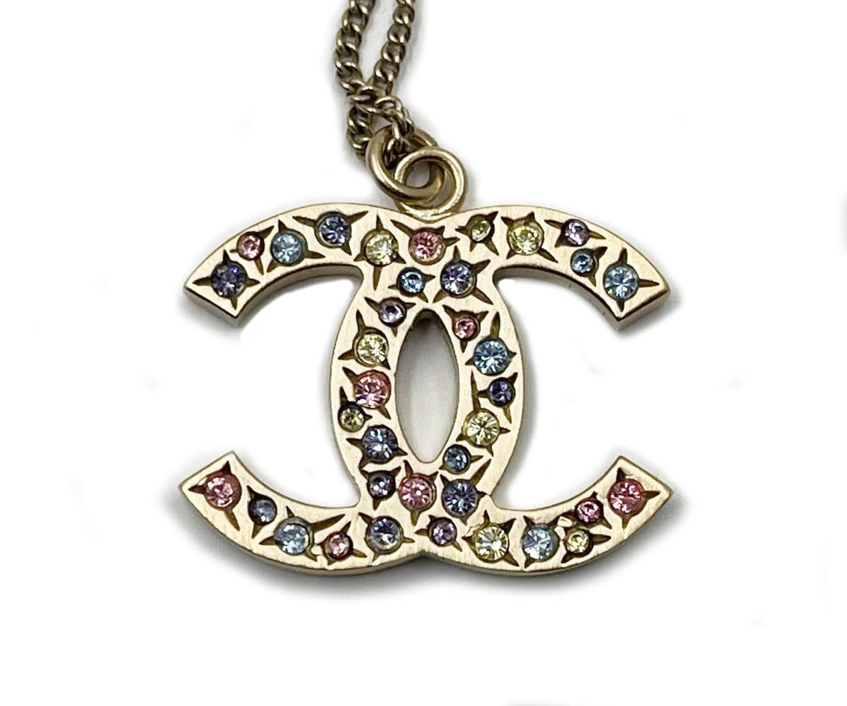 Top Quality Chanel Light Gold CC Pastel Crystal Medium Pendant Necklace