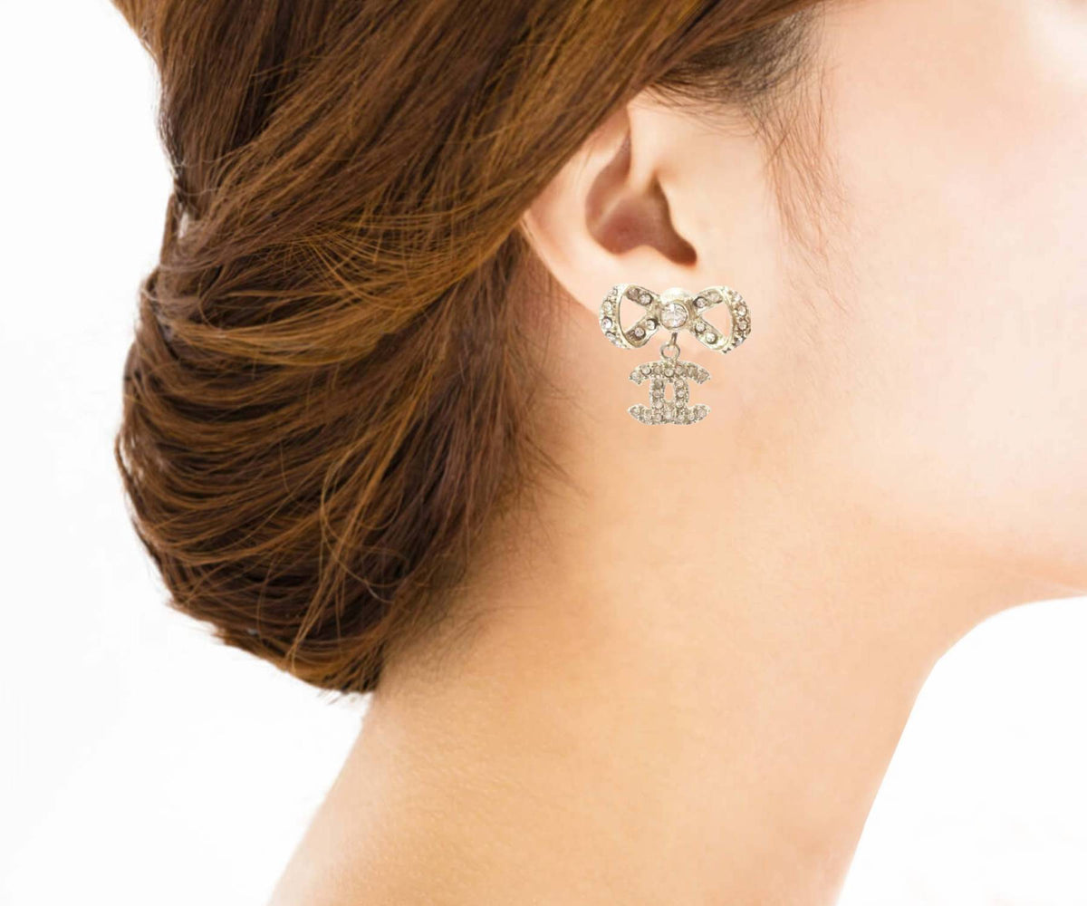 Top Quality Chanel Light Gold Ribbon Bow CC Crystal Piercing Earrings