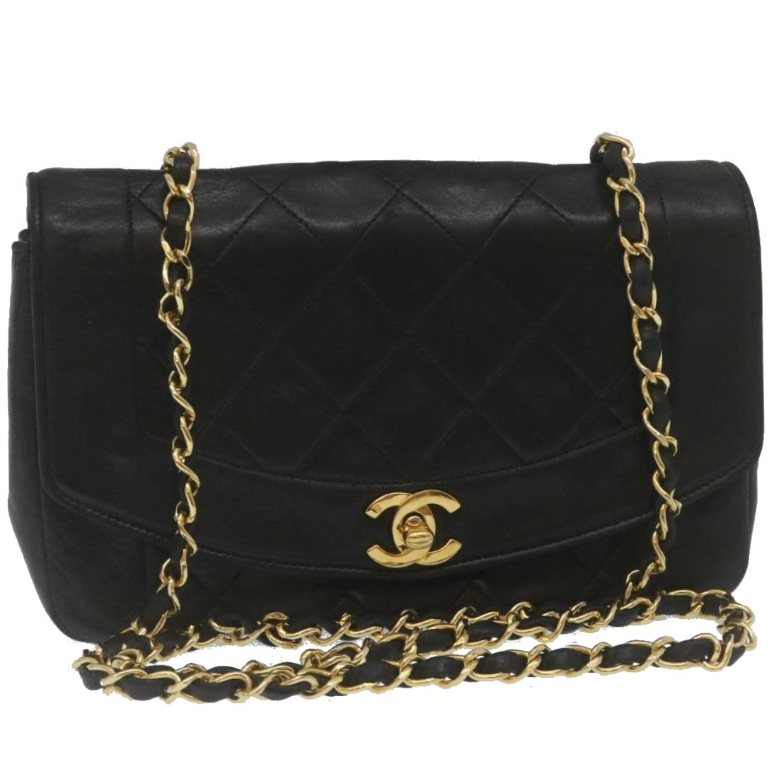 CHANEL Matelasse Turn Lock Diana Chain Shoulder Bag Lamb Skin Black Auth 67480A