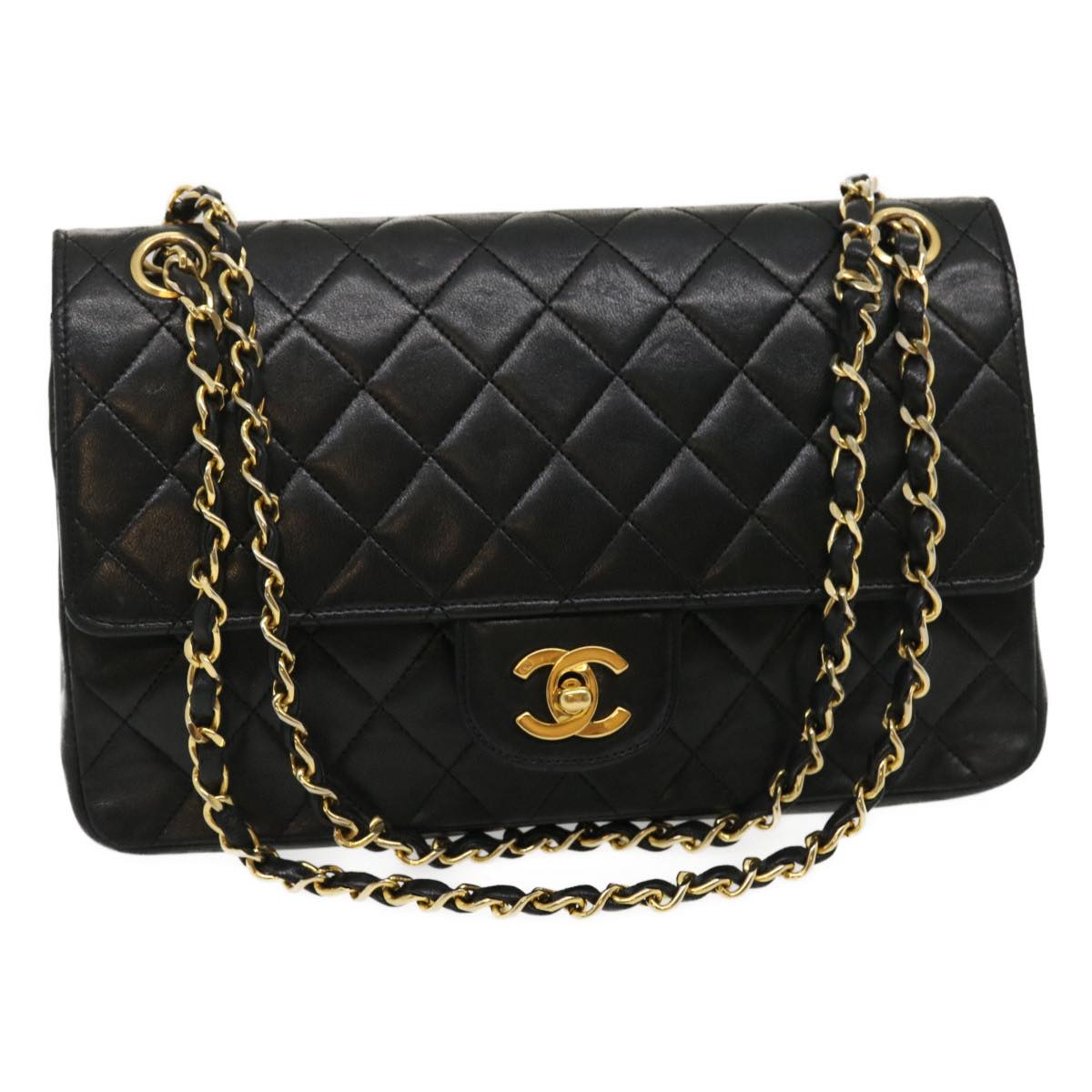 CHANEL Matelasse25 Chain Double Flap Shoulder Bag Lamb Skin Black CC Auth 67483A
