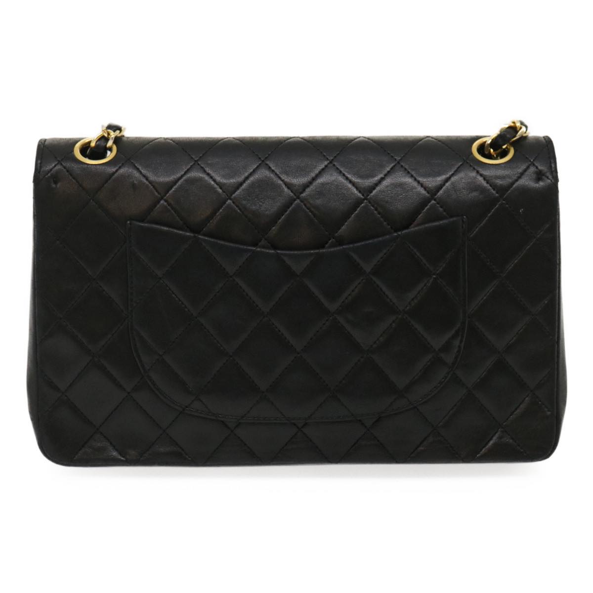 CHANEL Matelasse25 Chain Double Flap Shoulder Bag Lamb Skin Black CC Auth 67483A