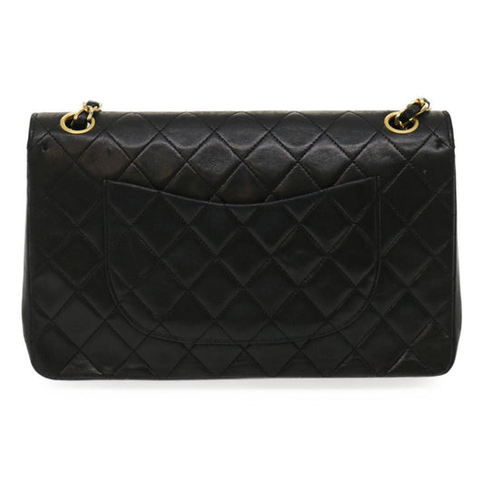 CHANEL Matelasse25 Chain Double Flap Shoulder Bag Lamb Skin Black CC Auth 67483A