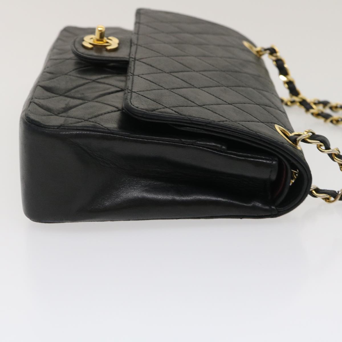 CHANEL Matelasse25 Chain Double Flap Shoulder Bag Lamb Skin Black CC Auth 67483A