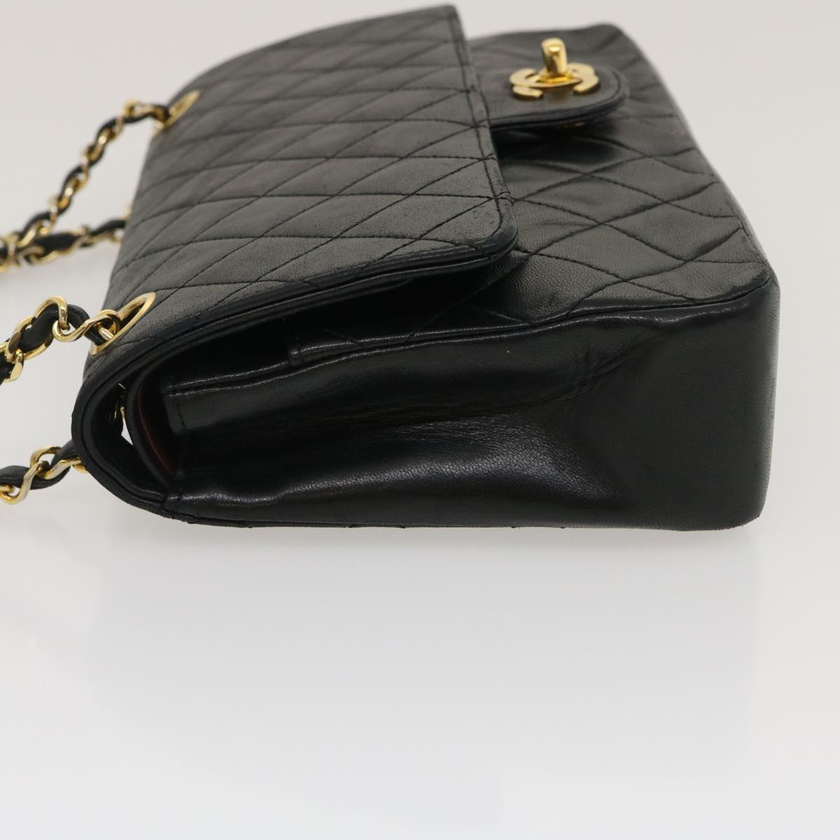 CHANEL Matelasse25 Chain Double Flap Shoulder Bag Lamb Skin Black CC Auth 67483A