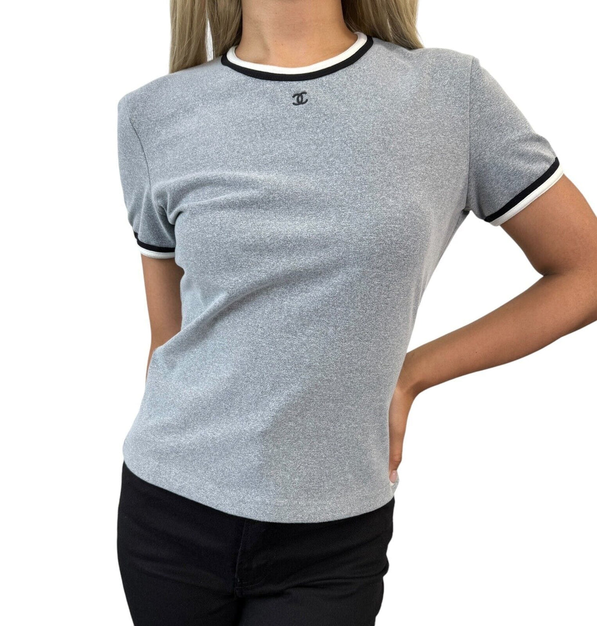 CHANEL Vintage 98P CC Mark Logo T-shirt Top #40 Gray Nylon Spandex