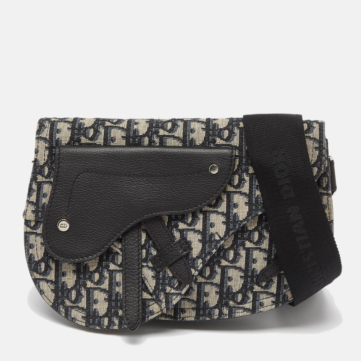 DIOR Navy Blue/Black Oblique Canvas and Leather Saddle Pouch Bag