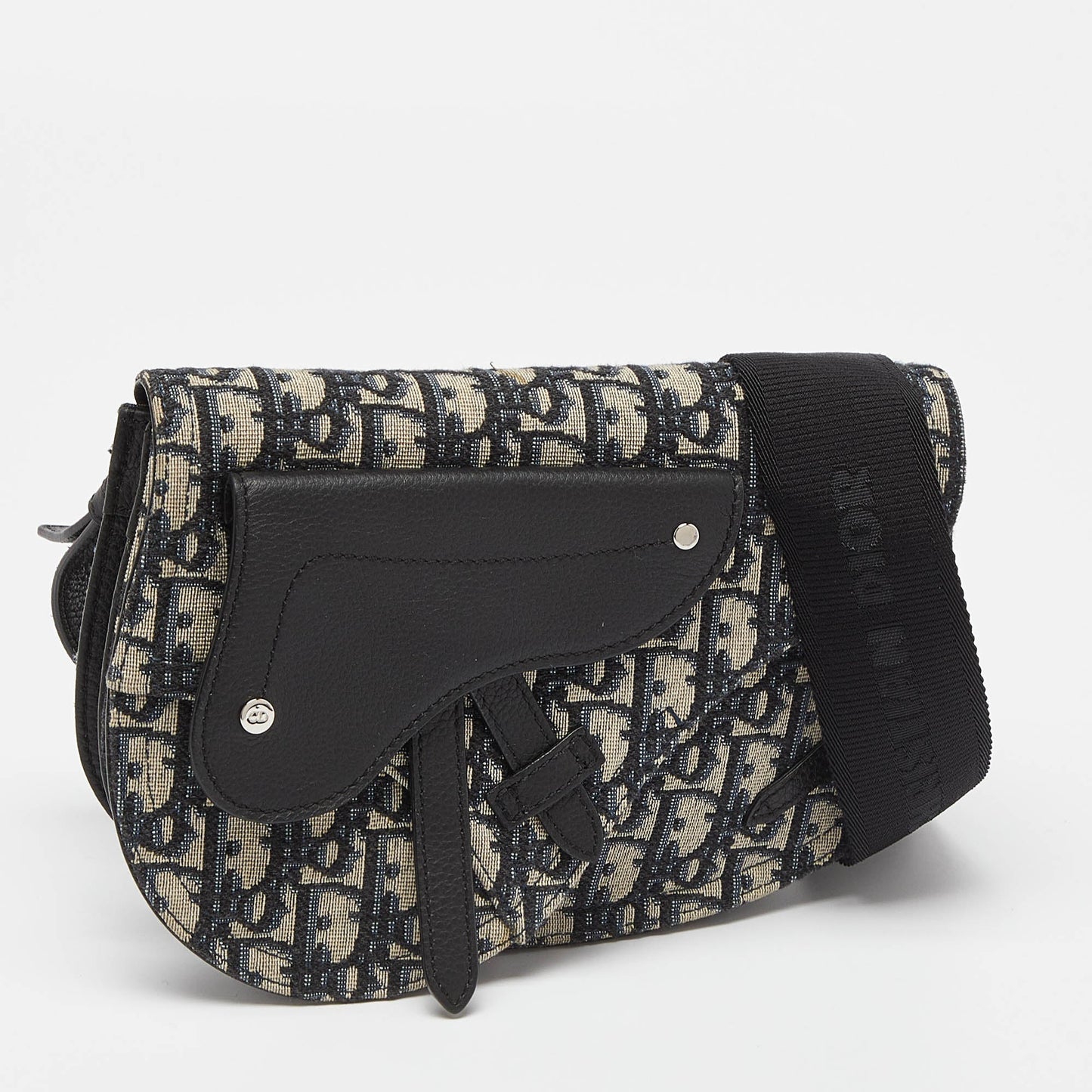 DIOR Navy Blue/Black Oblique Canvas and Leather Saddle Pouch Bag