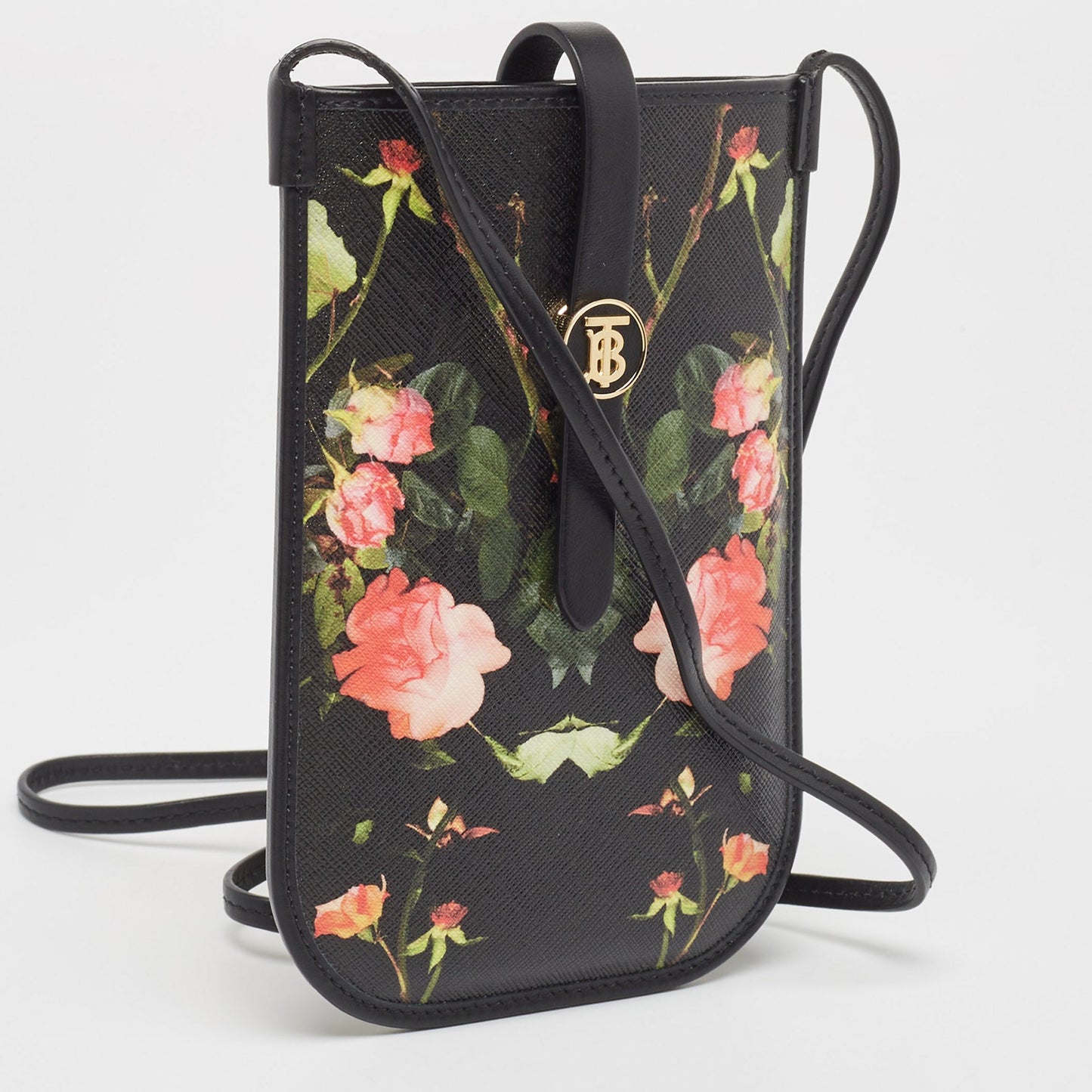 BURBERRY Black Floral Print Coated Canvas Anne Phone Pouch with Strap