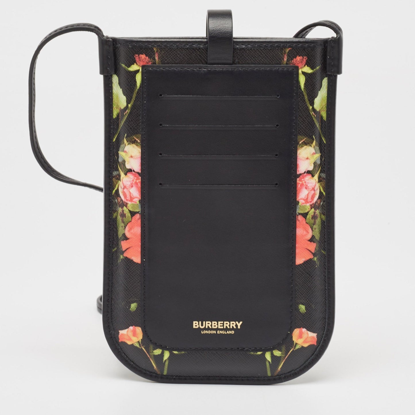 BURBERRY Black Floral Print Coated Canvas Anne Phone Pouch with Strap