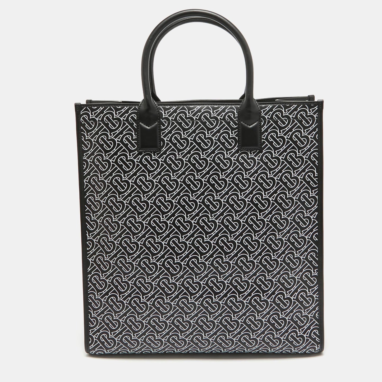 BURBERRY Black/White TB Logo Leather Vertical Danny Tote