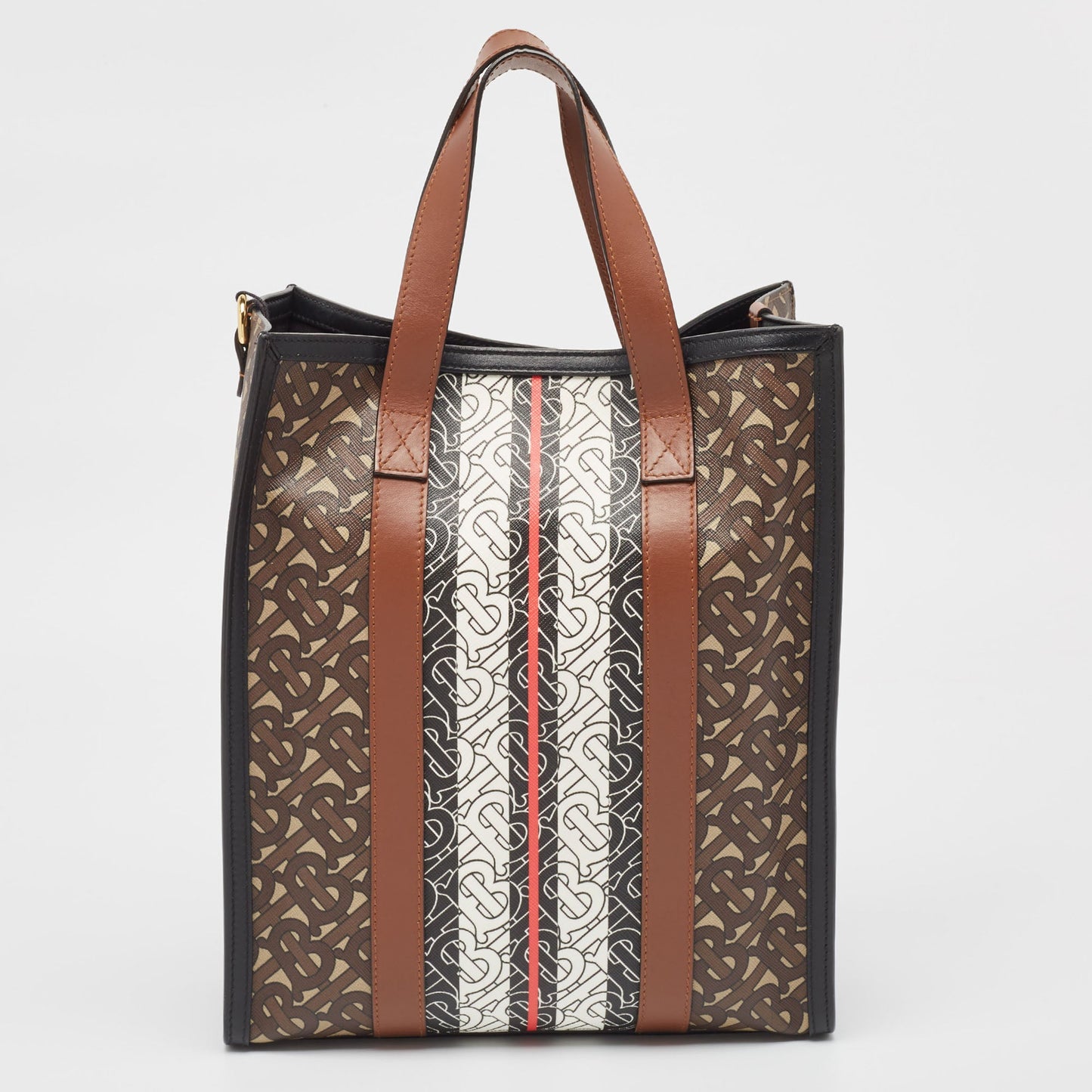 BURBERRY Black/Brown TB Monogram Coated Canvas and Leather Stripe Portrait Tote