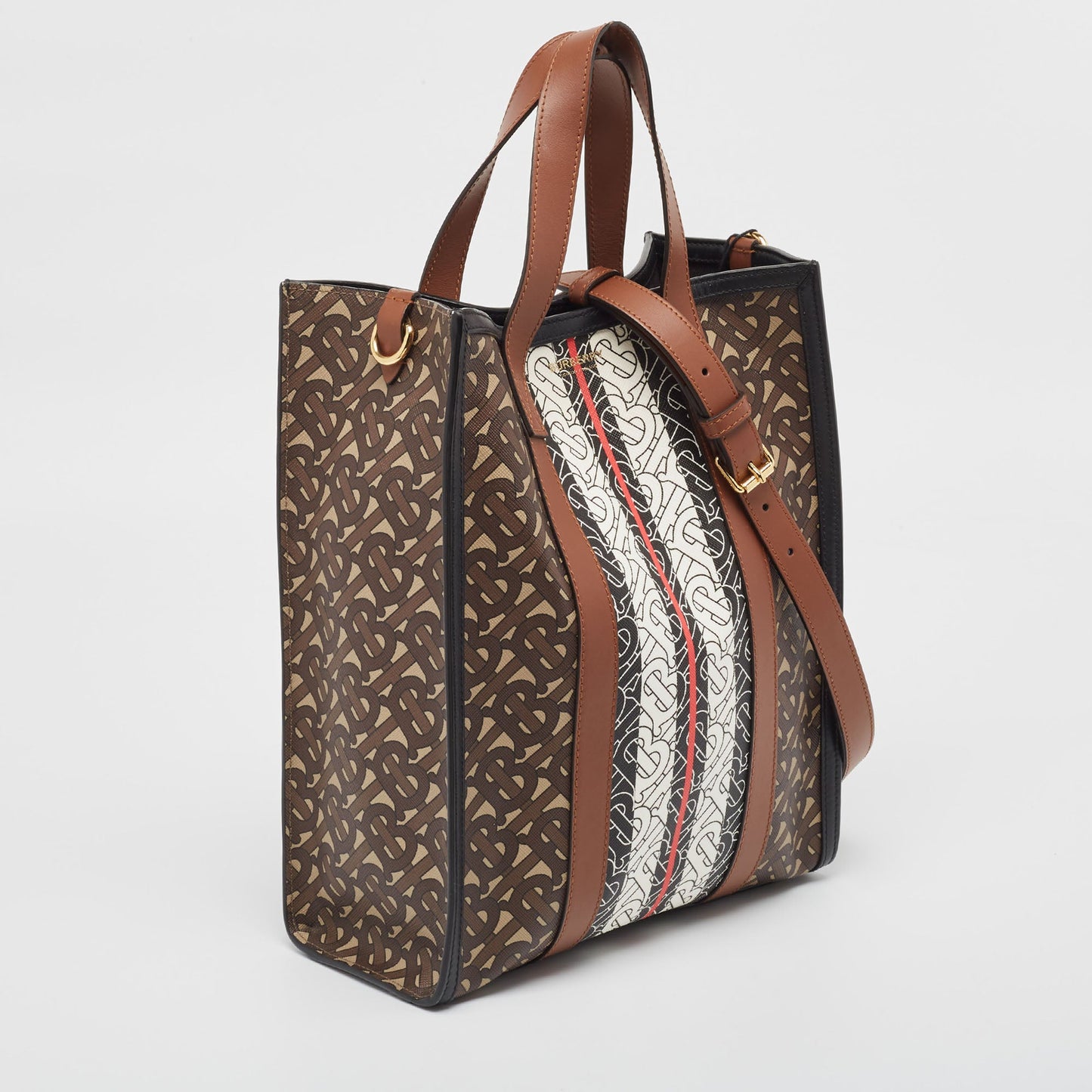BURBERRY Black/Brown TB Monogram Coated Canvas and Leather Stripe Portrait Tote