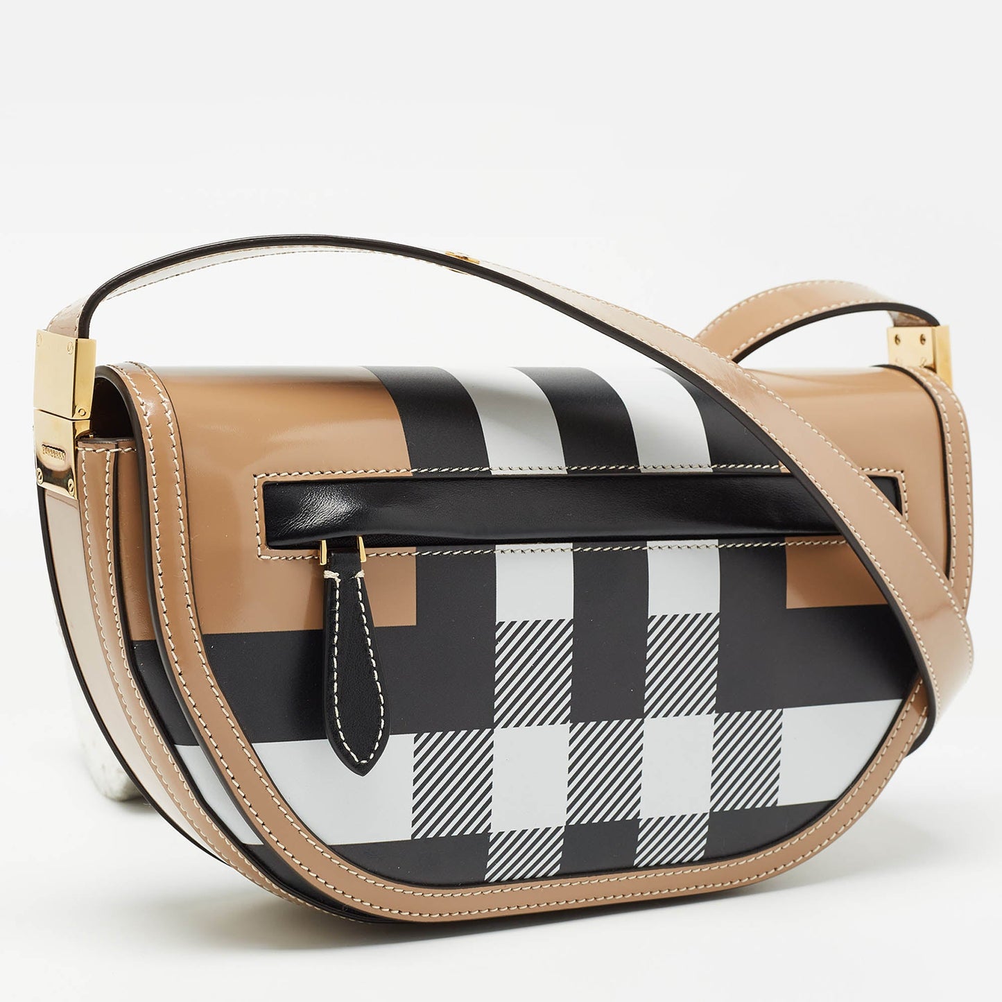 BURBERRY Beige Check Patent and Leather Small Olympia Shoulder Bag