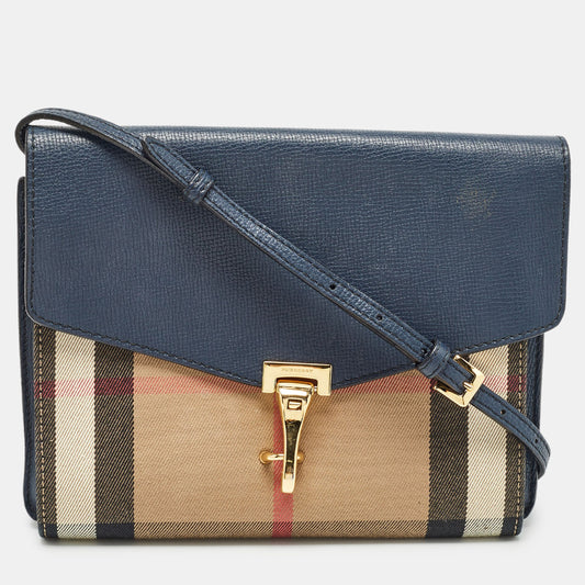 BURBERRY Navy Blue/Beige House Check Fabric and Leather Small Macken Crossbody Bag