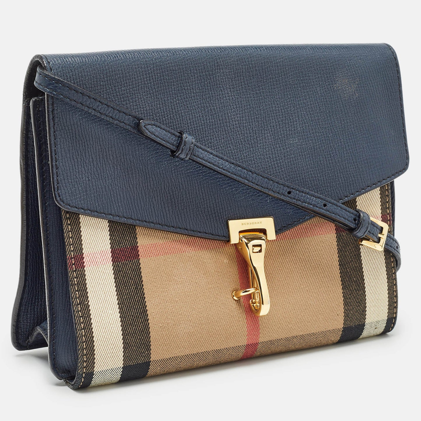 BURBERRY Navy Blue/Beige House Check Fabric and Leather Small Macken Crossbody Bag