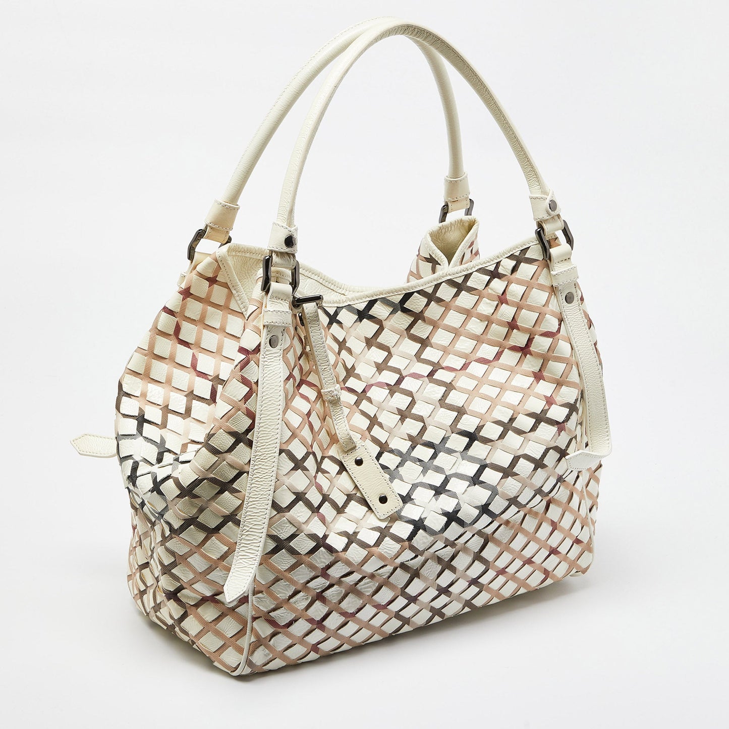 BURBERRY Beige House Check Canvas and Patent Leather Tote