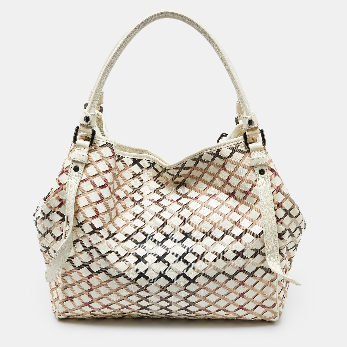 BURBERRY Beige House Check Canvas and Patent Leather Tote