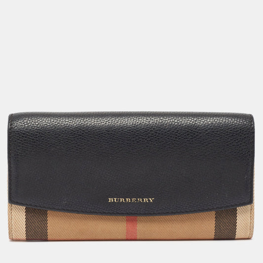 BURBERRY Black/Beige House Check Canvas and Leather Flap Continental Wallet
