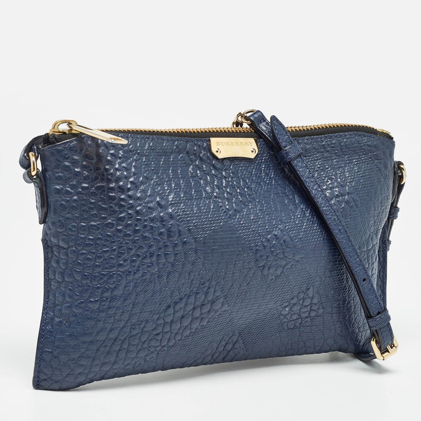 BURBERRY Navy Blue Grain Check Embossed Leather Peyton Crossbody Bag