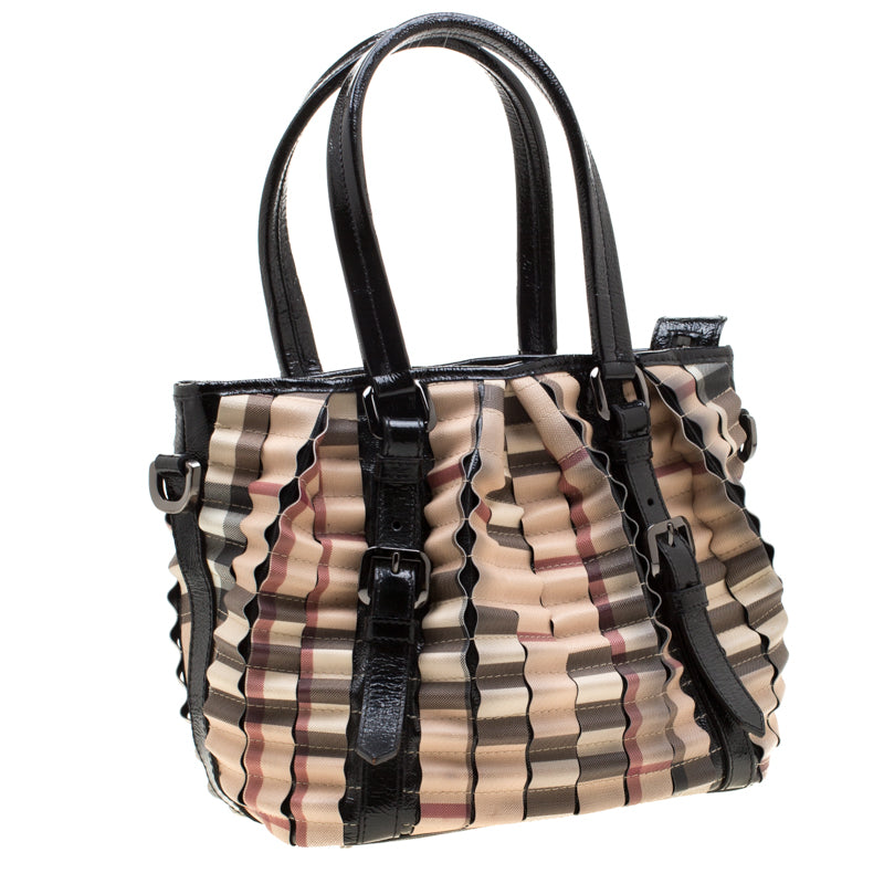 Burberry Black/Beige Nova Check PVC and Patent Leather Cartridge Pleat Tote