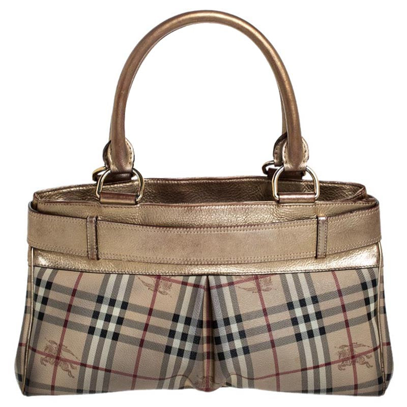 Burberry Beige/Gold Haymarket Check Coated Canvas and Leather Bridle Tote